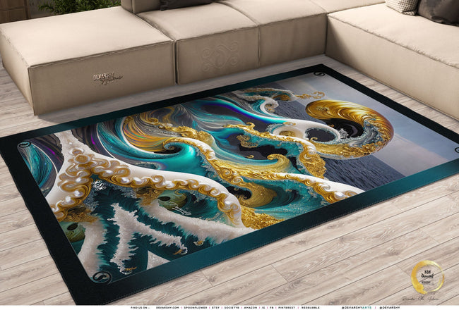 Turquoise Waves Area Rug Abstract Art Carpet Chenille Bedroom Rug in 3 Sizes | X3351B