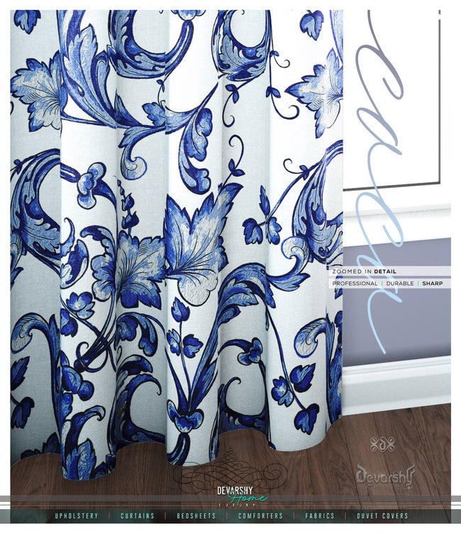 Ornate Blue Swirls PREMIUM Curtain Panel. Available on 12 Fabrics. Made to Order. 10004