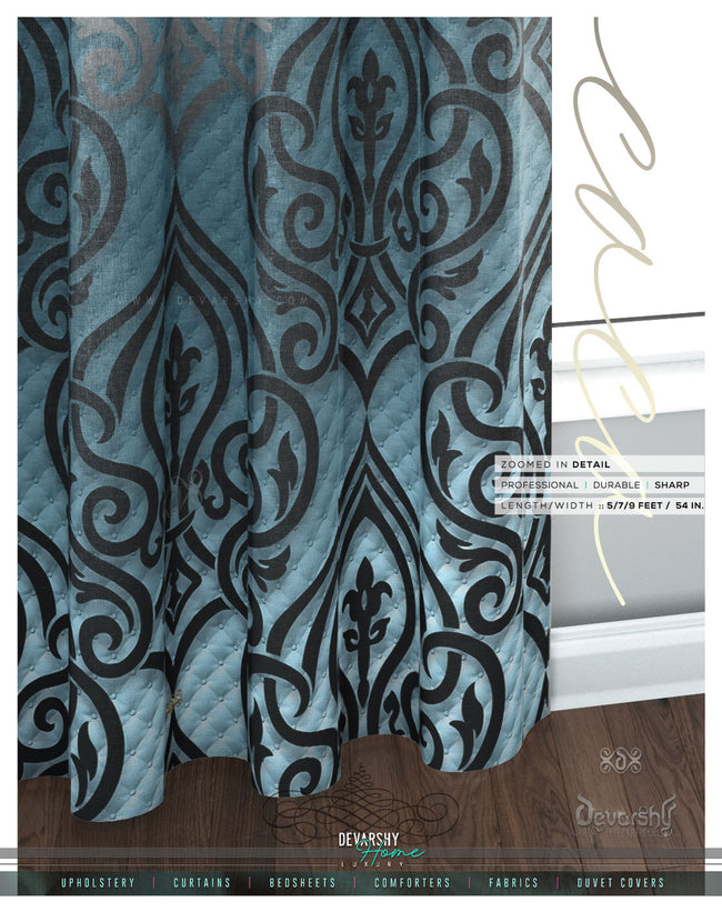 Decorative Damask Blue PREMIUM Curtain. 12 Fabric Options. Made to Order. Heavy And Sheer.  10005C