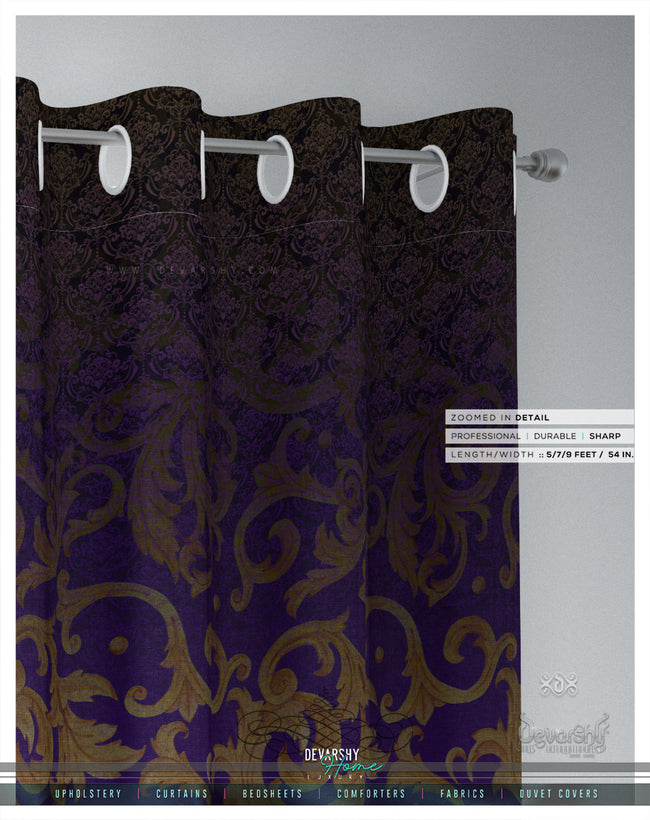 Violet Baroque Gold Pattern PREMIUM Curtain Panel, Available on 12 Fabrics, Heavy & Sheer. Made to Order. 100194