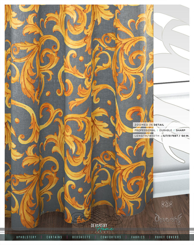 Grey Gold Pattern PREMIUM Curtain Panel. Available on 12 Fabric, Heavy & Sheer. Made to Order. 100200