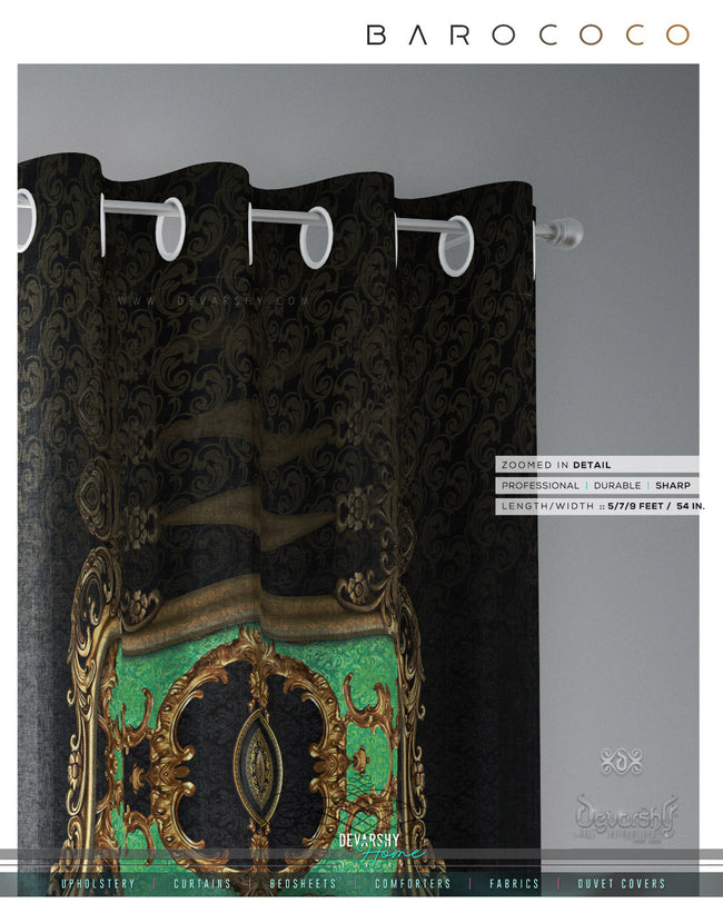 Opulence Of Sicily, Green Baroque PREMIUM Curtain. Available on 12 Fabrics. Made to Order. 100340