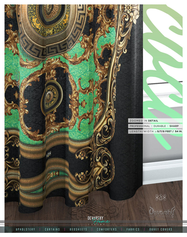 Opulence Of Sicily, Green Baroque PREMIUM Curtain. Available on 12 Fabrics. Made to Order. 100340