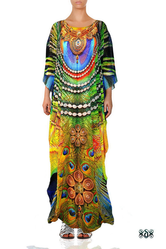 Devarshy Designer Digital Print Royal Peacock Long Embellished Kaftan Dress - 003 , Apparel - DEVARSHY, DEVARSHY
 - 1