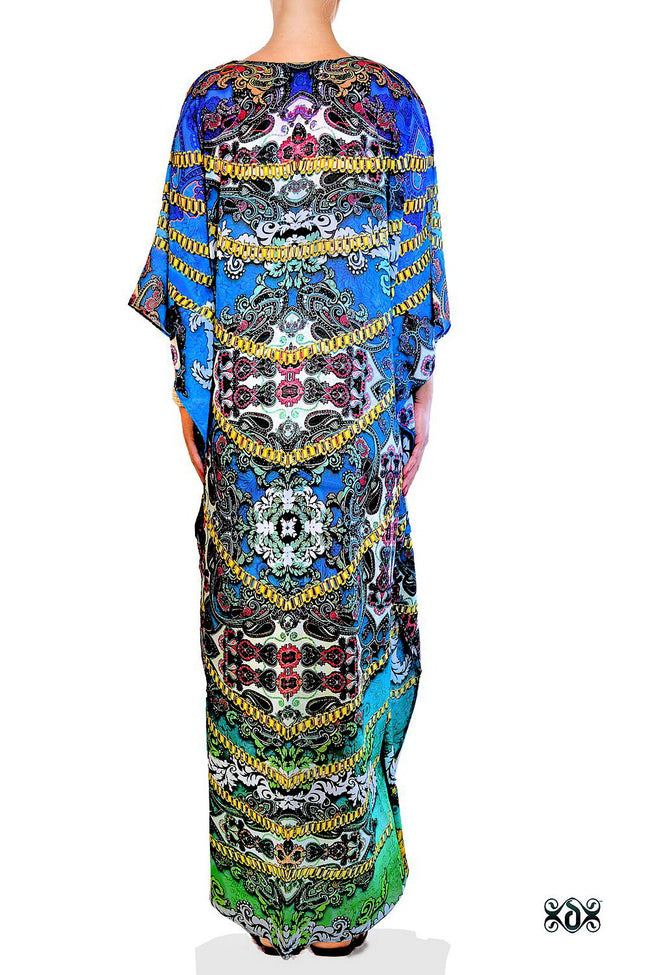 Devarshy Digital print Turquoise Bohemian Design Long Embellished Kaftan - Cyan , Apparel - DEVARSHY, DEVARSHY
 - 3