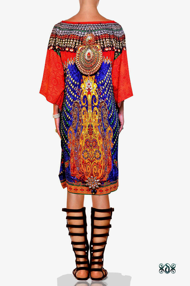 Devarshy Designer Regal Decorative Short Embellished Pure Silk Kaftan - Blue Orange , Apparel - DEVARSHY, DEVARSHY
 - 3