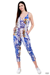 Blue Florals Jumpsuit, Organic Cotton Jumpsuit, Women Jumpsuit, Tapered Jumpsuit with Pocket.