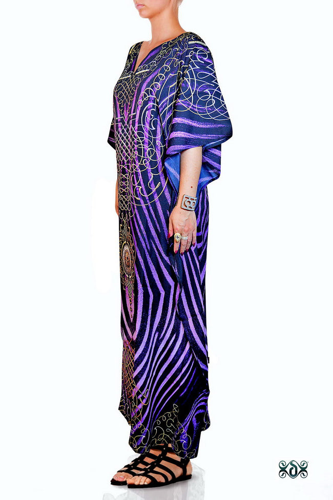 NATURE MORTE Purple Stripes Devarshy Round Neck Long Embellished Kaftan - 1036C