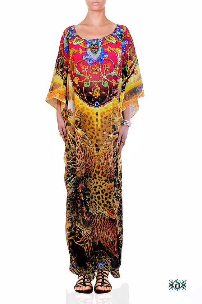 Devarshy Designer Luxury Yellow Animal Print Long Embellished Kaftan Dress - 1063A , Apparel - DEVARSHY, DEVARSHY
 - 1