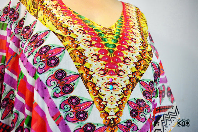 Devarshy Pink Aztec Pattern Crystals Embellished Long Georgette Kaftan - 1076A
