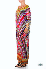 Devarshy Pink Aztec Pattern Crystals Embellished Long Georgette Kaftan - 1076A