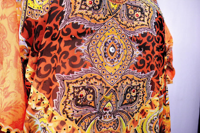 Devarshy Designer Bright Orange Decorative Digital Print Long Embellished Kaftan Maxi - 1089C , Apparel - DEVARSHY, DEVARSHY
 - 4