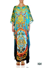 Turquoise Baroque Long Kaftan, Crystals Embellished Caftan, Long Georgette Kaftan - 1093B