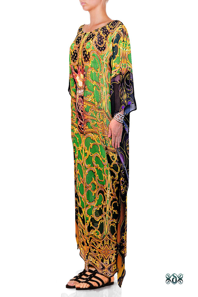 Devarshy Digital Print Golden Ornate Evergreen Long Embellished Designer Kaftan - 1104B , Apparel - DEVARSHY, DEVARSHY
 - 2