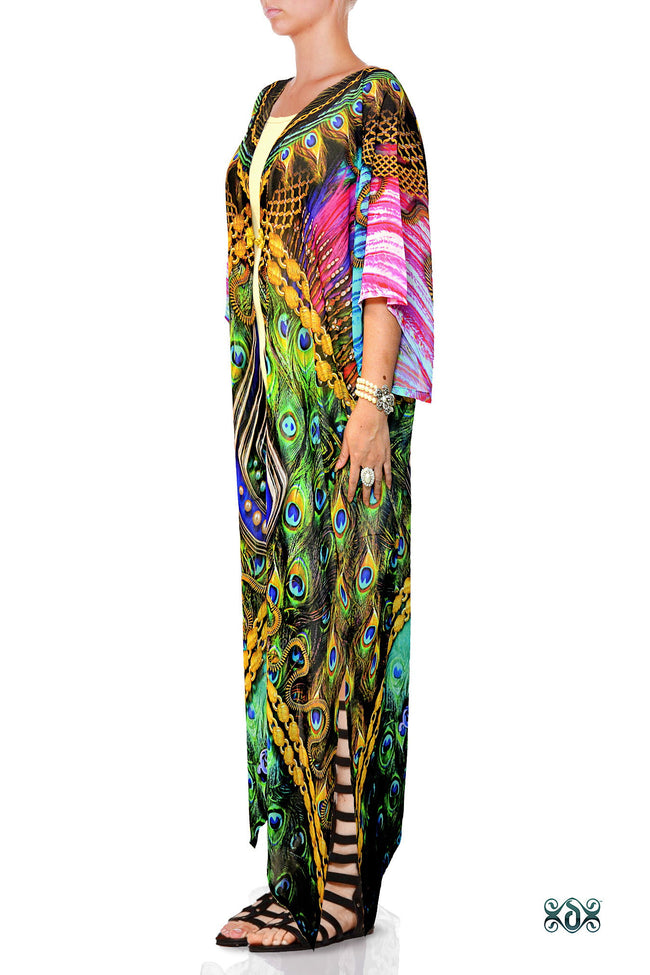 NATURE MORTE Ornate Peacock Devarshy Long Georgette Kimono Jacket - 1119A