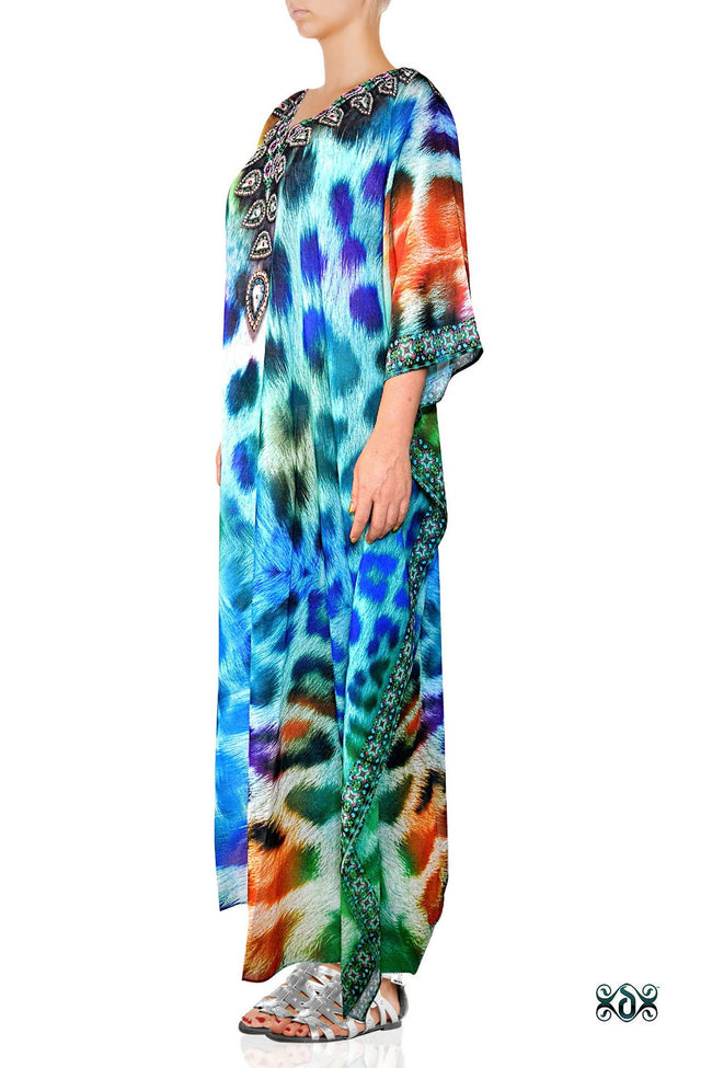 Devarshy Designer Animal print Turquoise Leopard Long Embellished Kaftan Dress - 006 , Apparel - DEVARSHY, DEVARSHY
 - 2