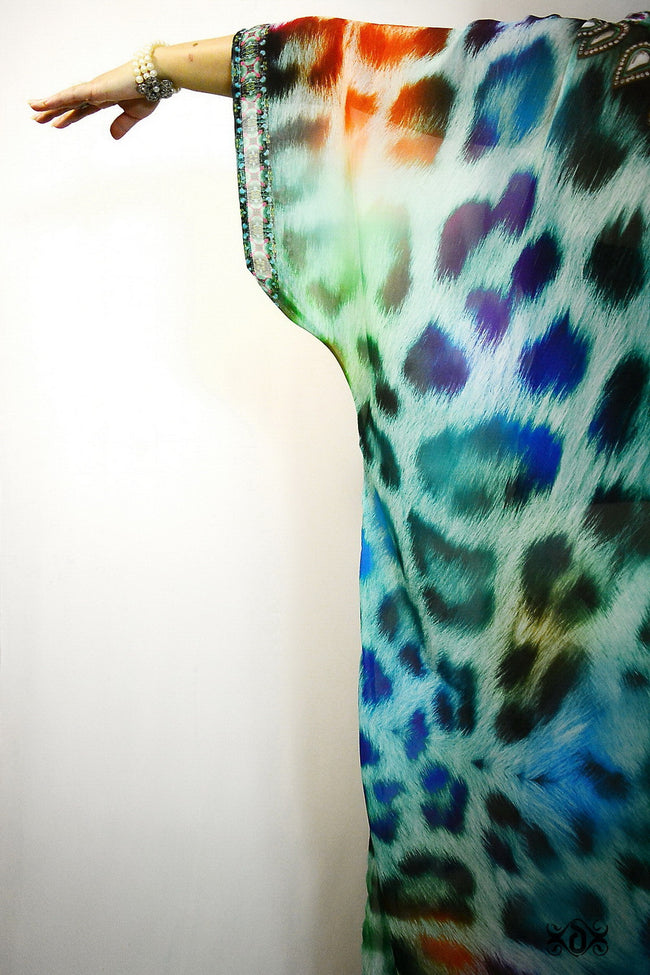 Devarshy Turquoise Leopard Animal Print Georgette Long Open Designer Kimono Jacket - 006
