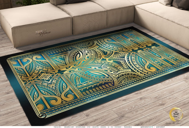 Maori Art Turquoise Area Rug Polynesian Art Carpet, Available in 3 sizes | 100530