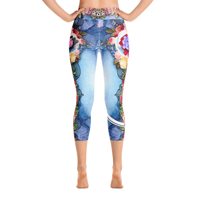 Blue Floral YOGA Capri Leggings Floral Print Capri Leggings Blue Capri Leggings for Yoga, PF