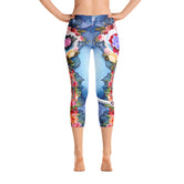 Blue Floral Capri Leggings Floral Print Capri Pants Women Spandex Leggings Blue Capri Leggings, PF - LLP01