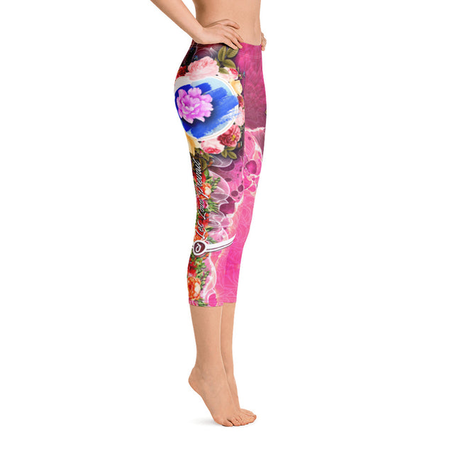 Pink Floral Capri Leggings Floral Print Capri Pants Women Leggings Pink Capri Leggings, PF - LLP02